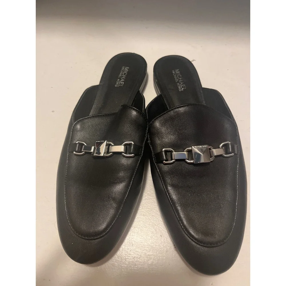 Michael Kors Black Leather Mules Slip On Loafers Women's Size 7M Silver Hardware